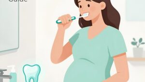 Беременная женщина чистит зубы ультрамягкой щеткой, изучая гигиену десен при беременности в 2026 году